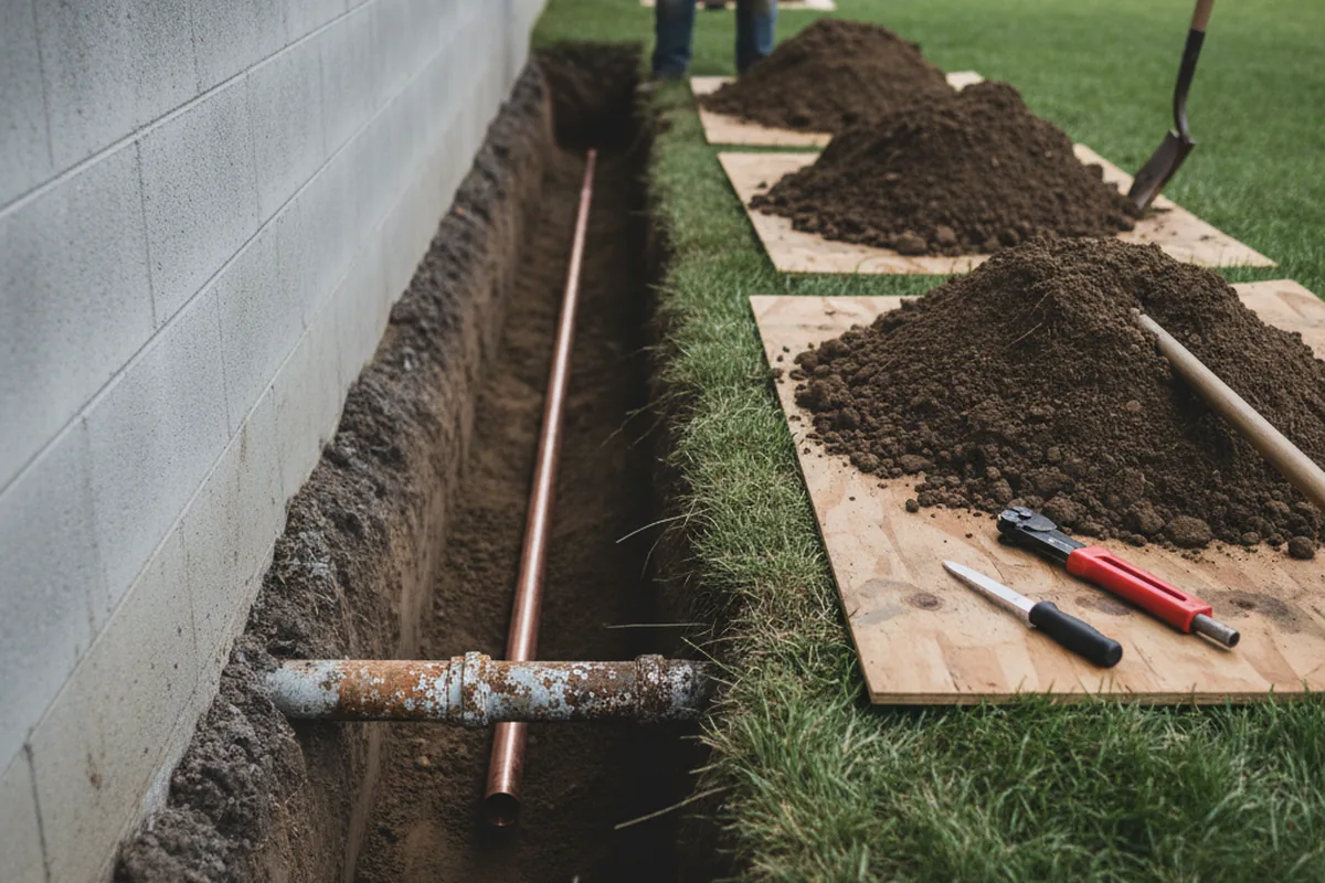 Excavated water line trench during Sewer Line Repair in Sylva